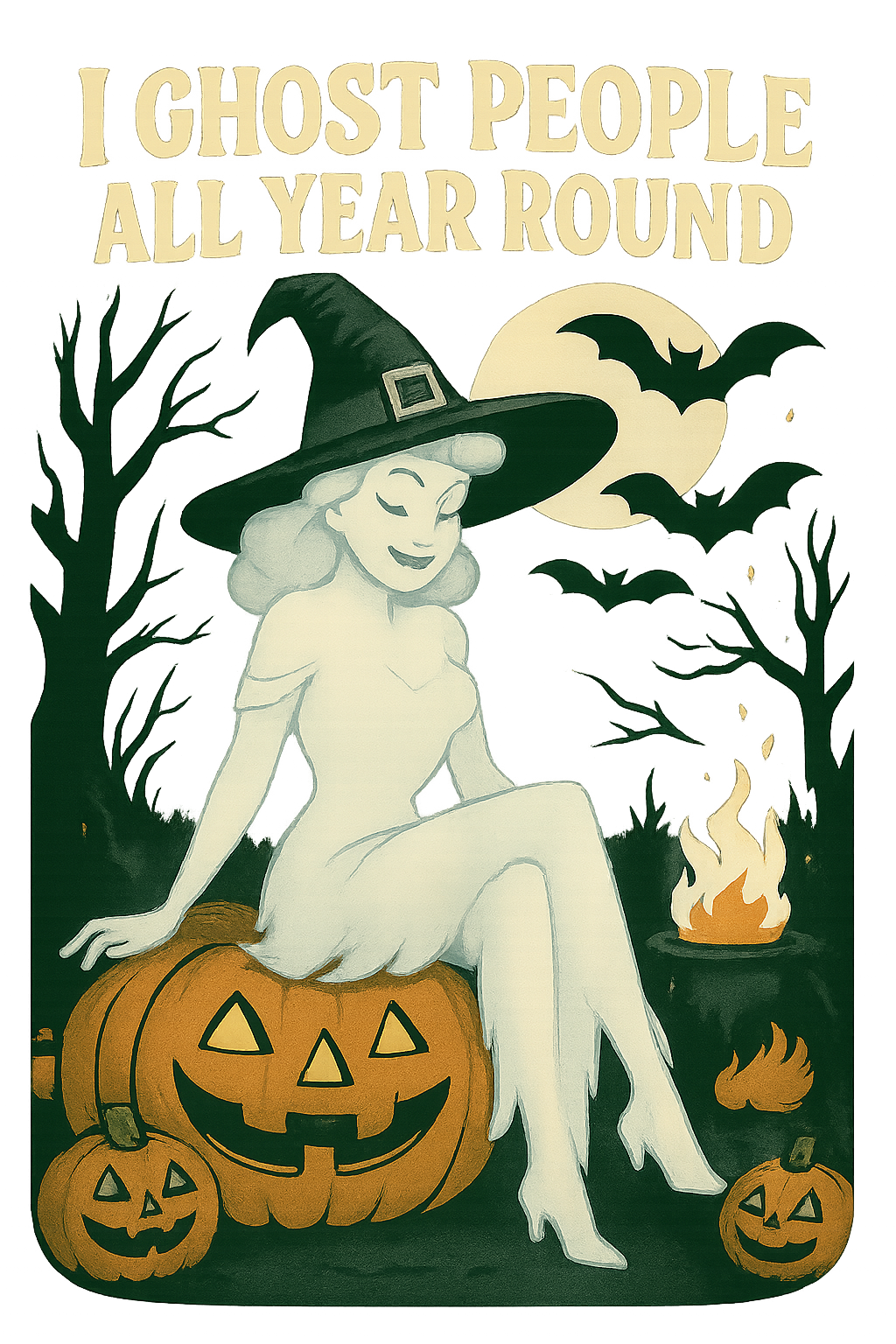 I Ghost People all year round witch sitting on a pumpkin