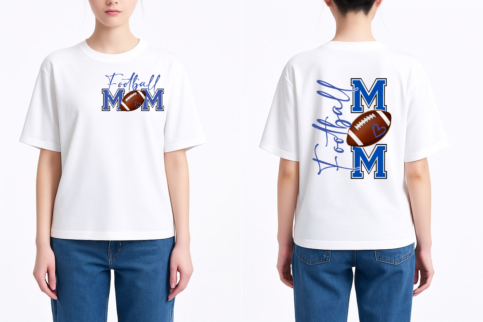 Football Mom blue front pocket and vertical back design