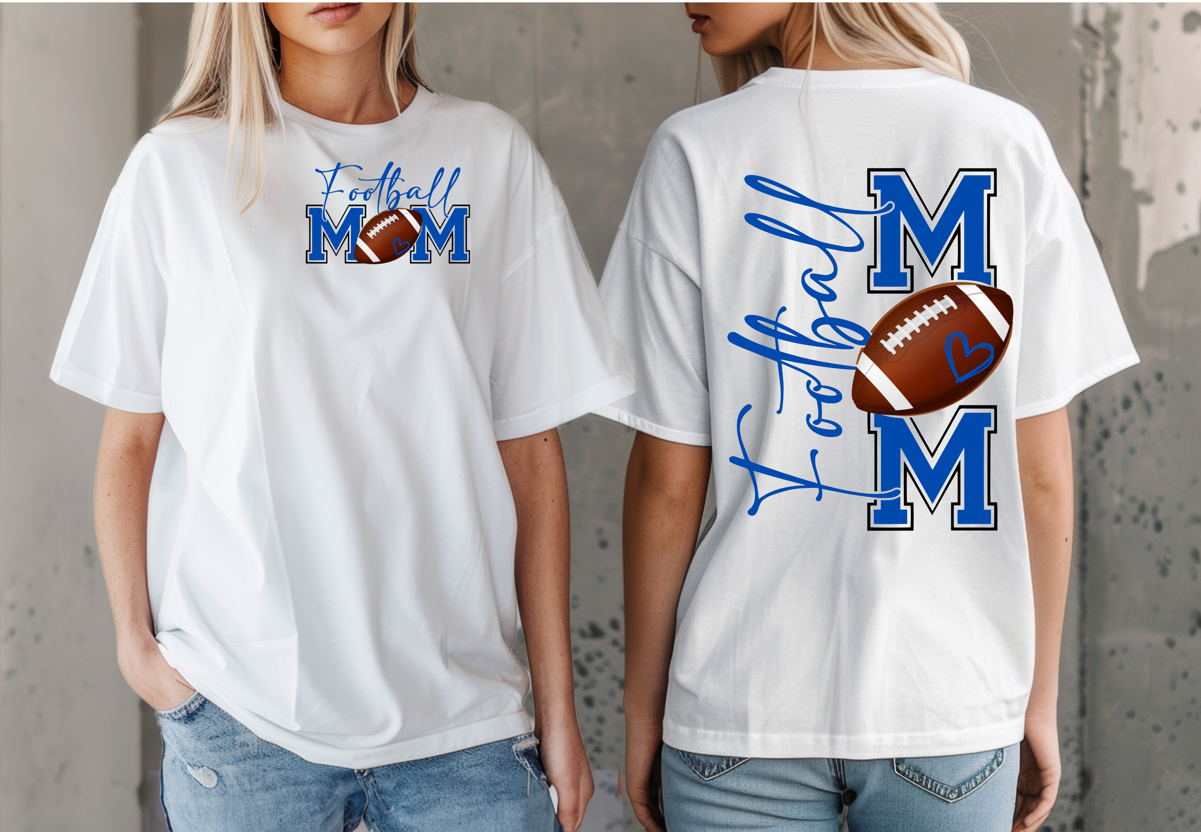 Football Mom blue front pocket and vertical back design