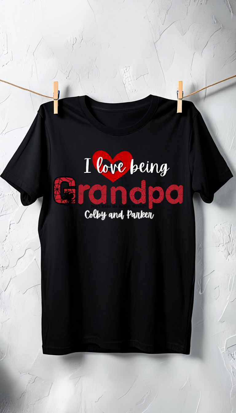 I love being Grandpa with Spidey font. Personalized with names