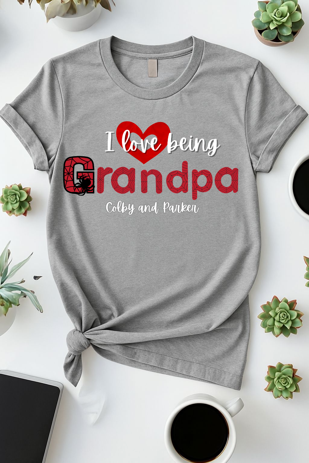 I love being Grandpa with Spidey font. Personalized with names