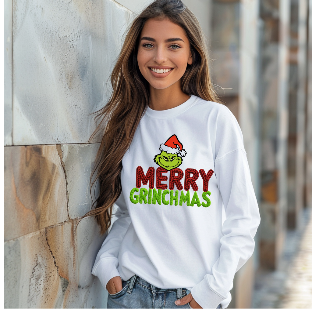 Merry Grinchmas in Faux Yarn Font Long sleeve T-shirt
