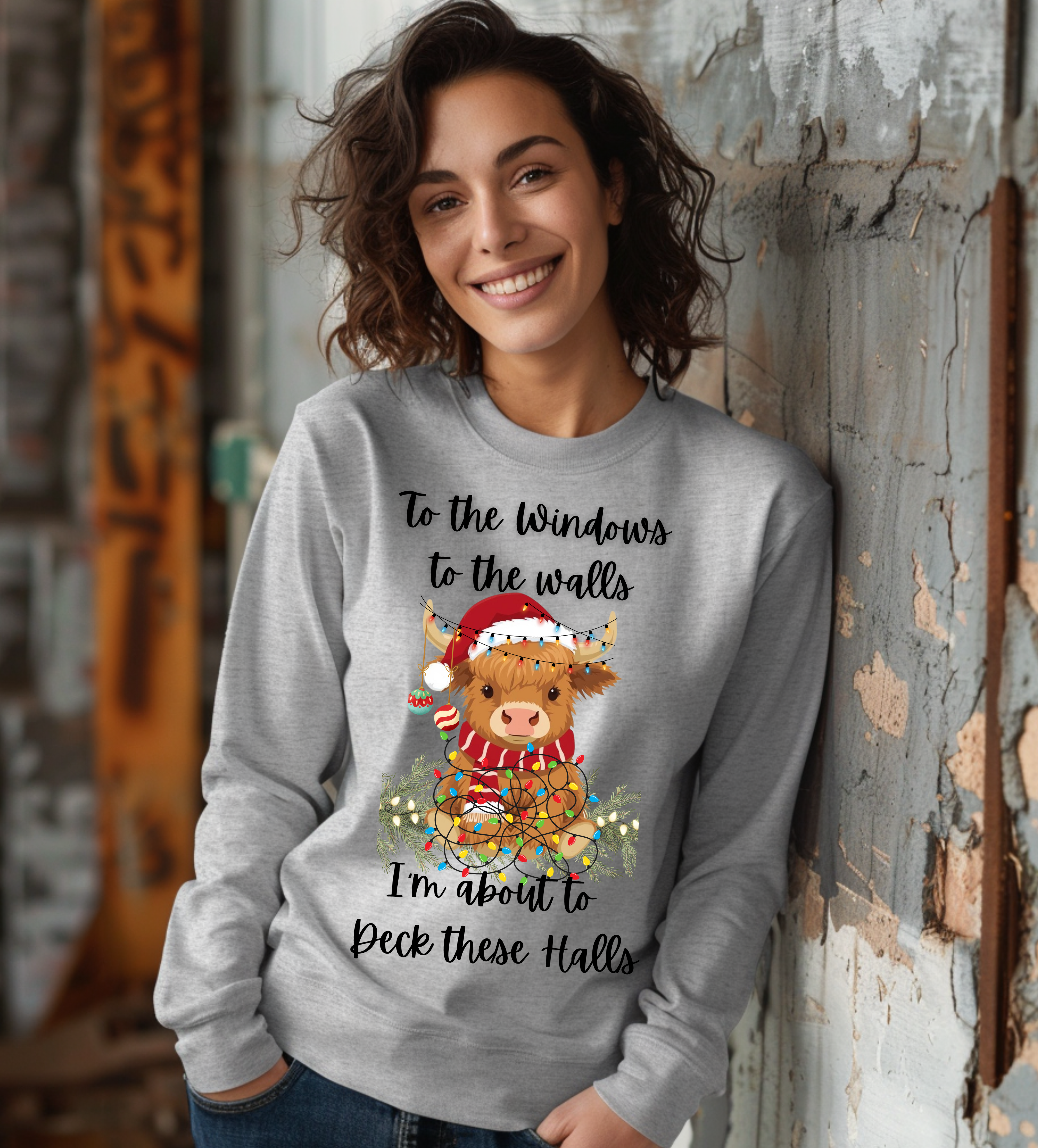 Christmas Highland Cow To The Windows to the Walls Deck these Halls Long Sleeve