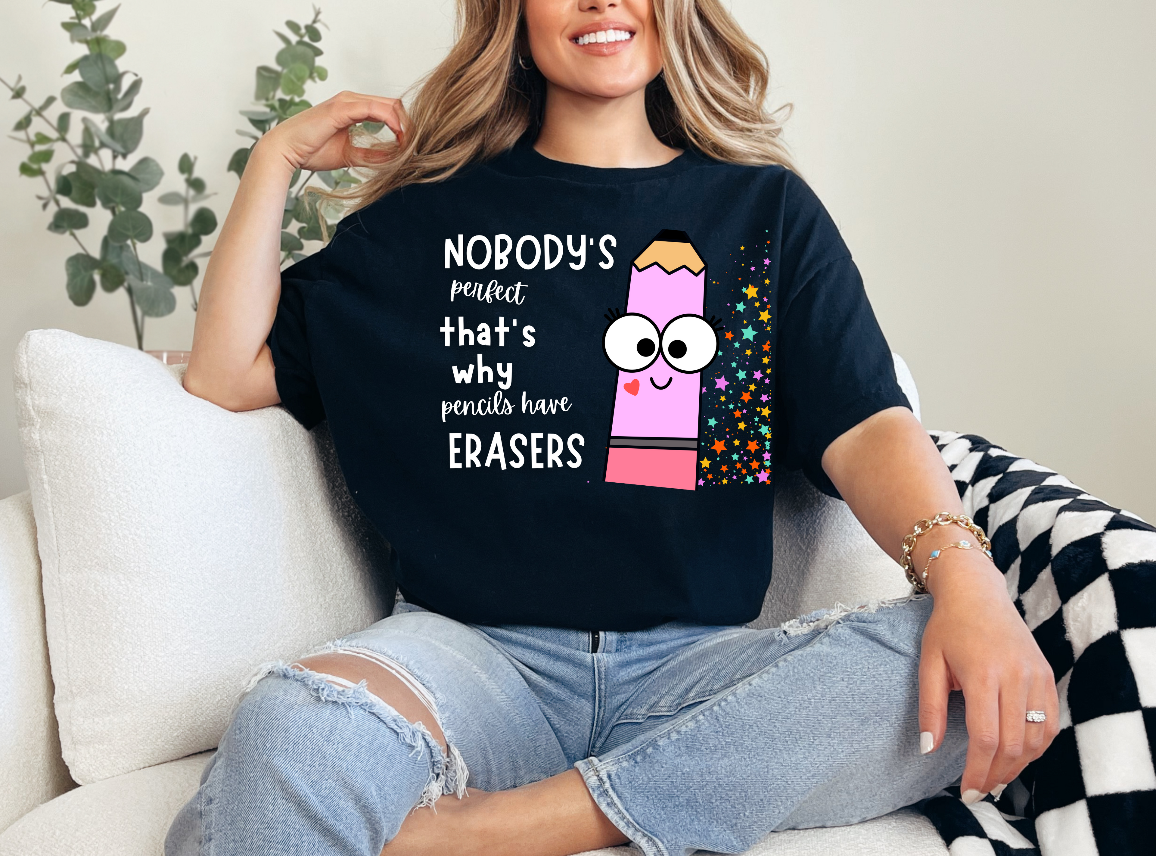 Nobody is perfect That's why we have Erasers design  pink pencil Teacher t-shirt (Copy) (Copy)
