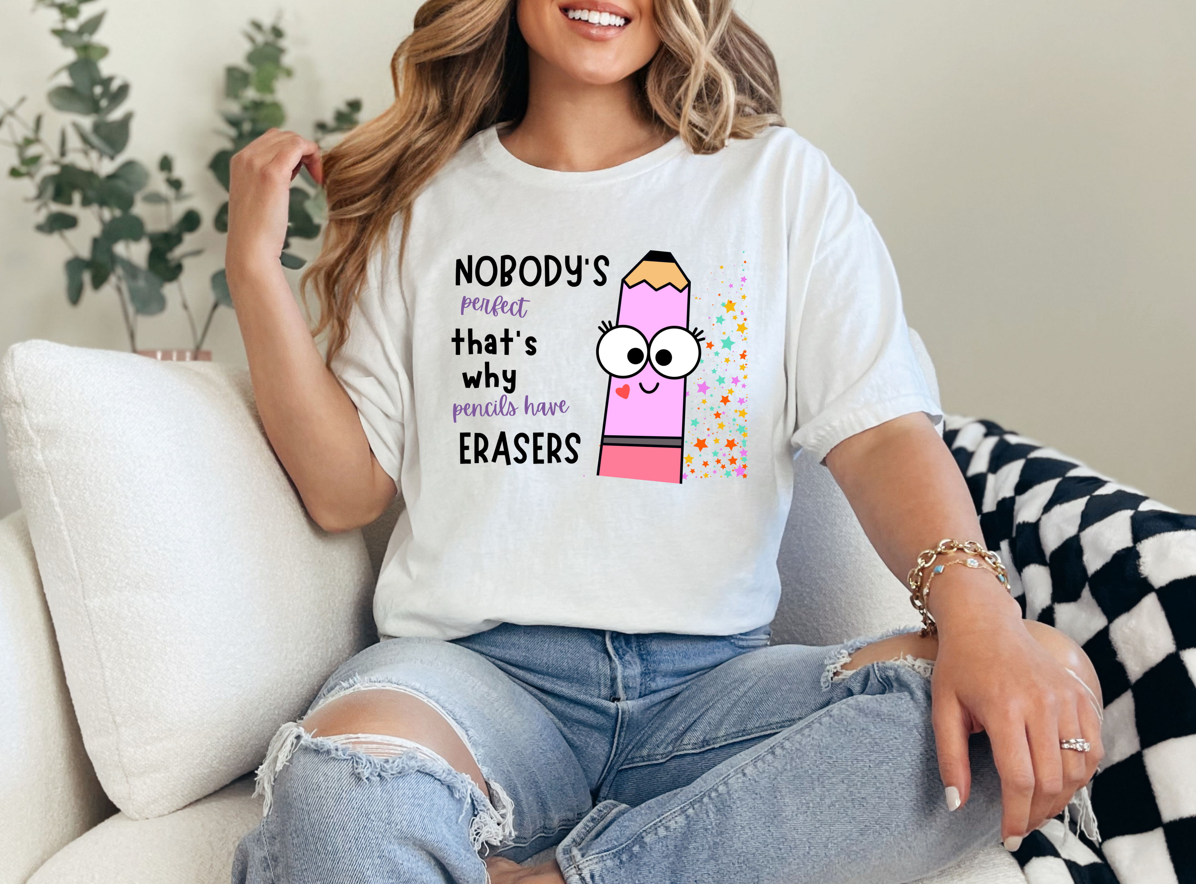 Nobody is perfect That's why we have Erasers design  pink pencil Teacher t-shirt (Copy) (Copy)