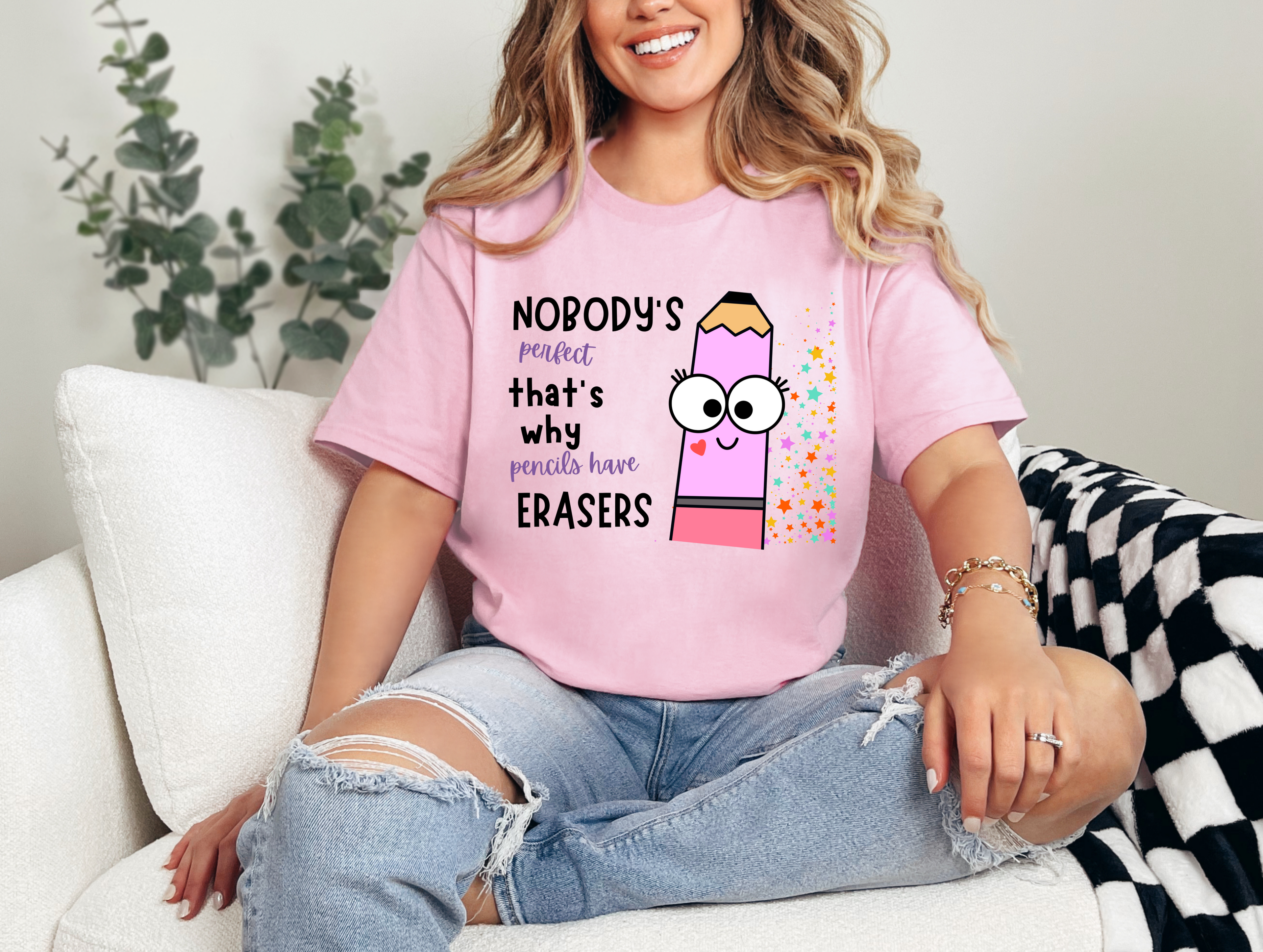 Nobody is perfect That's why we have Erasers design  pink pencil Teacher t-shirt (Copy) (Copy)