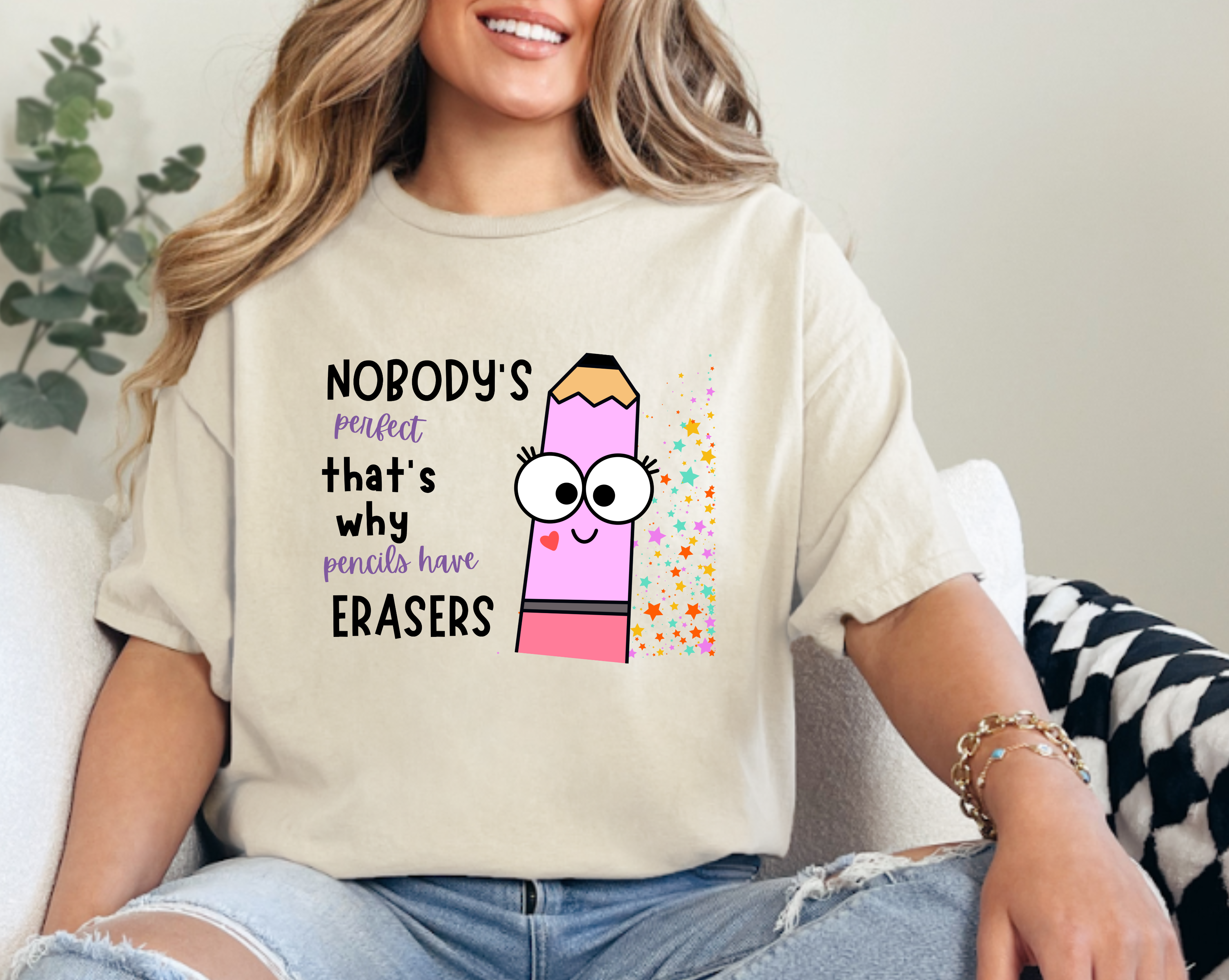 Nobody is perfect That's why we have Erasers design  pink pencil Teacher t-shirt (Copy) (Copy)