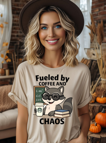 Fueled by Coffee and Chaos Raccoon Teacher Tshirt